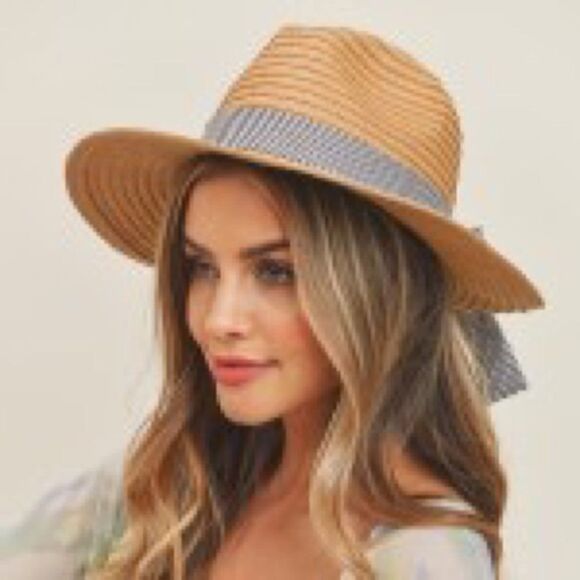 styline Accessories - 𝅺super cute tan straw adjustable hat with blue and white ribbon and bow!